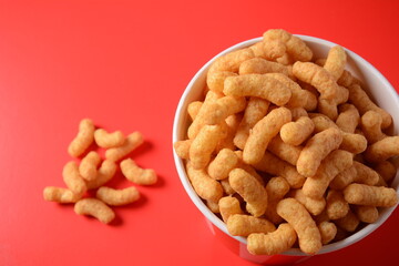 Israeli famous snack Bamba - made of peanut butter. Peanut Flips or peanut puffs