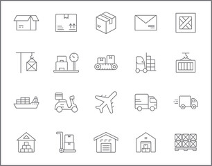 Set of logistics and delivery line style. It contains such Icons as box, shopping, commerce, retail, trade, merchandise, container, vehicle, truck and other elements. customize color, easy resize.