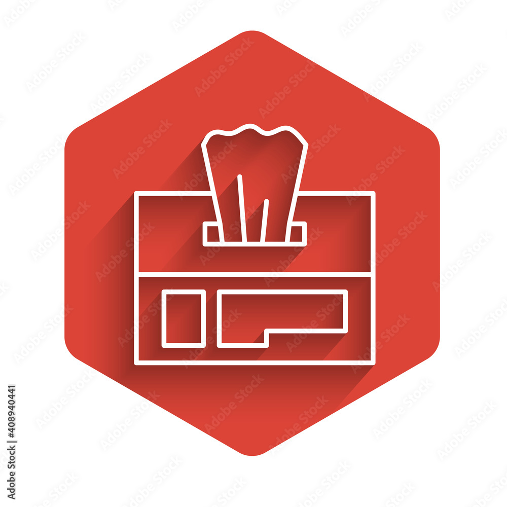 Poster white line wet wipe pack icon isolated with long shadow. red hexagon button. vector illustration.
