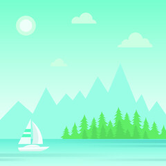 Nature landscape with forest, mountains, river and yacht. Flat design. Vector illustration