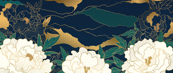 Luxury gold floral oriental style background vector. Flower wallpaper design with peony flower, Japanese, Chinese oriental line art with golden texture. Vector illustration.