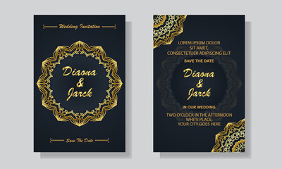 Luxury Wedding Invitation Card Design Template With Golden Mandala Background 