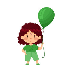 Smiling Girl Holding Green Toy Balloon Vector Illustration