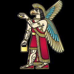 Cartoon color drawing: divine man bird. Character in Assyrian mythology. God, angel, prophet. Vector illustration isolated on a black background.