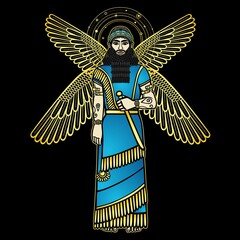 Cartoon color drawing: bearded man with four wings holds a sword in his hands. Character in Assyrian mythology. God, angel, prophet. Vector illustration isolated on a black background.