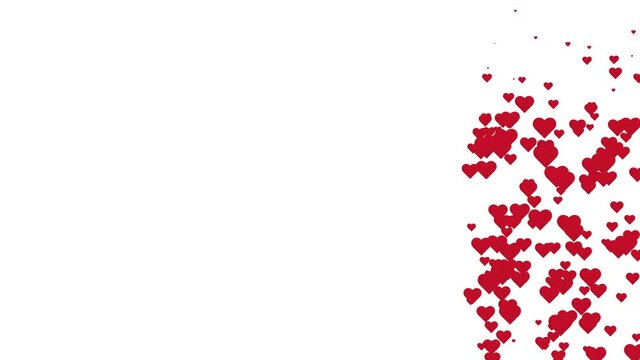 Flying hearts on the white background - emitting from the right side. Loop animation, motion graphic
