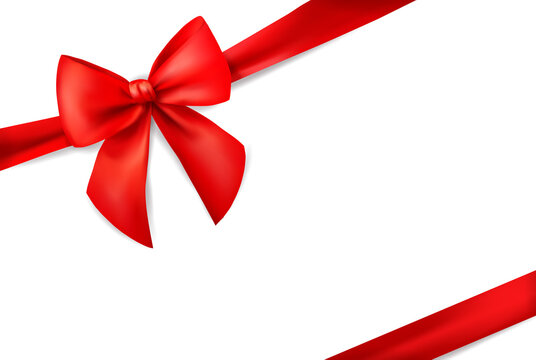Red ribbon with bow for card on white background. Xmas present. Holiday decoration. Realistic 3d vector illustration.