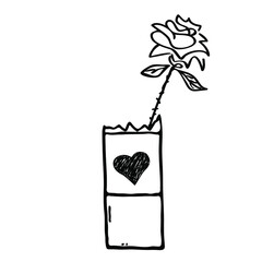 Rose in broken bottle doodle logo icon sign Heart love flower vase symbol emblem decoration concept Hand drawn Cartoon design style Fashion print clothes apparel greeting invitation card banner poster