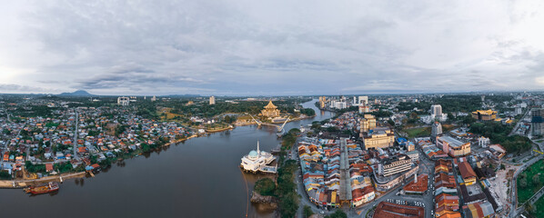 Panoramic landscape aerial view of iconic landmark of Kuching City, Sarawak, New Legislative Building and Darul Hana Bridge