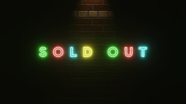 Sold out text neon light colorful on brick wall texture . 3d illustration rendering . Neon symbol for Sold out . Neon light effect text and wall brick texture simple and elegant
