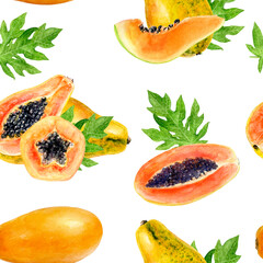Watercolor seamless pattern papaya isolated on white.