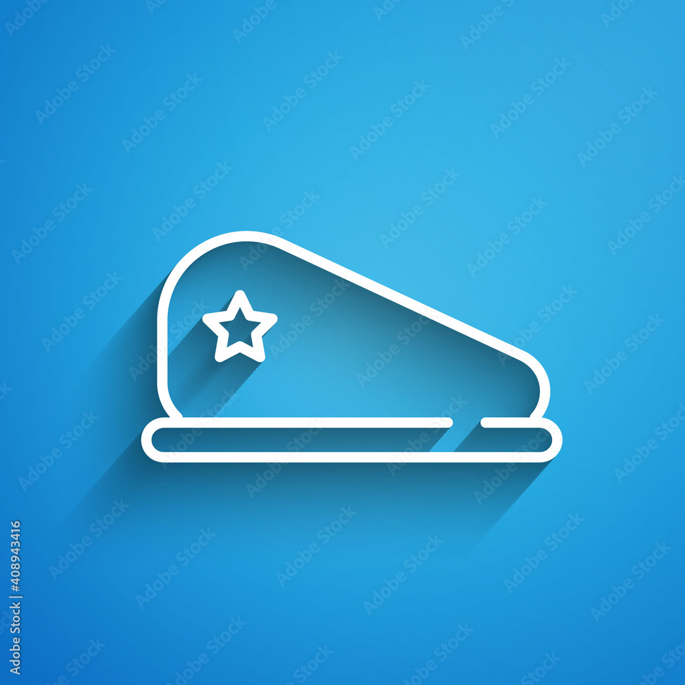 Sticker White line Military beret icon isolated on blue background. Soldiers cap. Army hat. War baret. Long shadow. Vector.