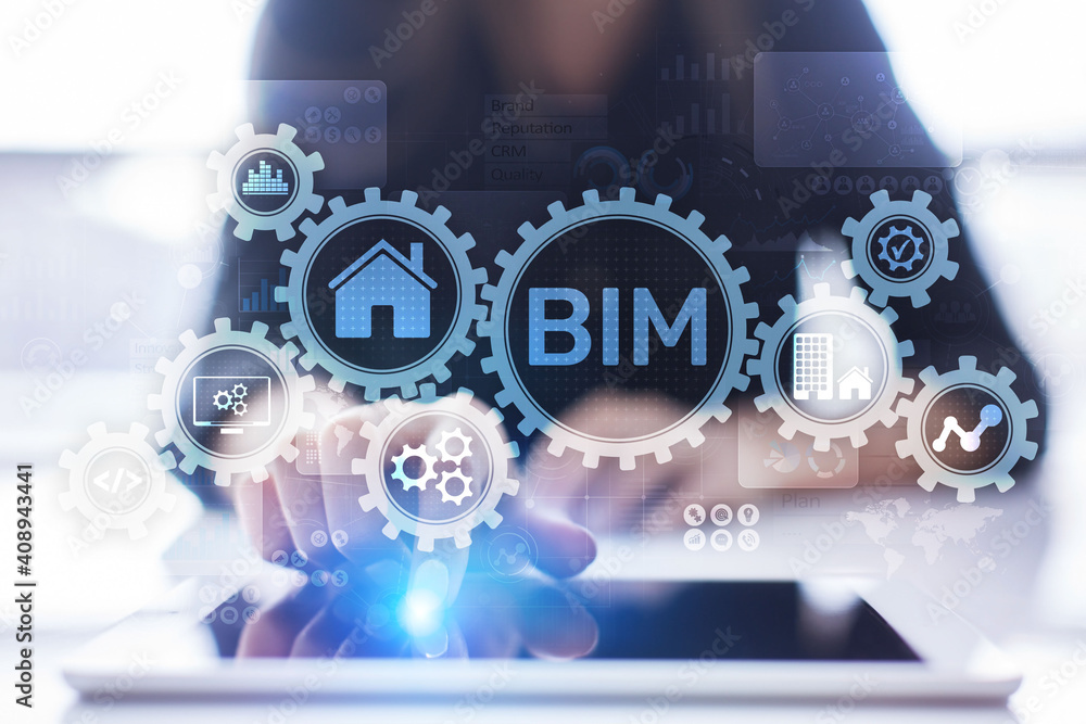 Aufkleber bim building information modeling technology concept on virtual screen.