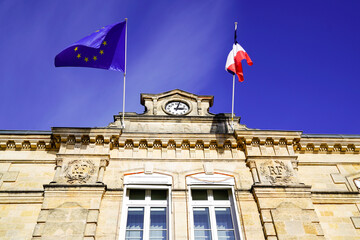 French and eu europa flag on mairie building mean city hall in town in france