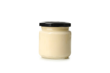 Jar with mayonnaise sauce isolated on white background
