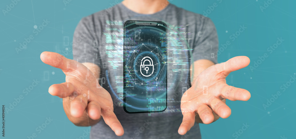 Aufkleber businessman holding security data and smartphone security - 3d rendering