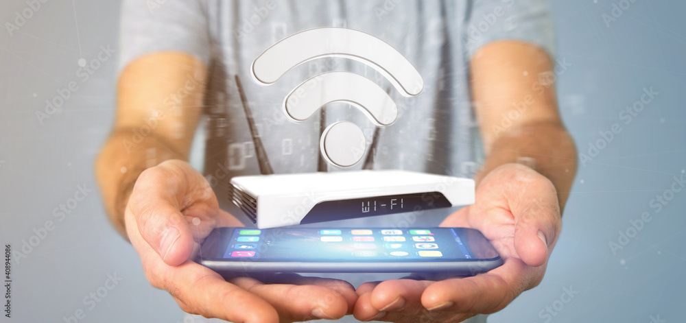 Poster businessman holding a wifi router and data - 3d rendering