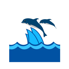 cute dolphin fish happy jumping with wave isolated white background vector illustration