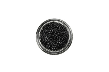 Glass jar with black caviar isolated on white background