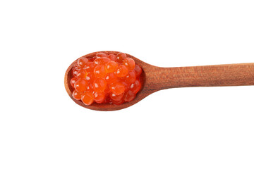 Wooden spoon with red caviar isolated on white background