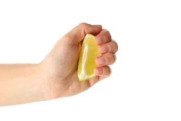 Female hand hold lime slice, isolated on white background