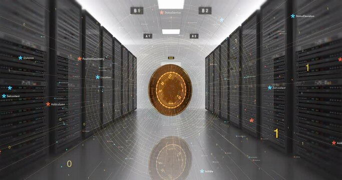 Bitcoin Blockchain Technology. Cryptocurrency Mining In Progress. Server Racks. Technology And Business Related 3D Animation.