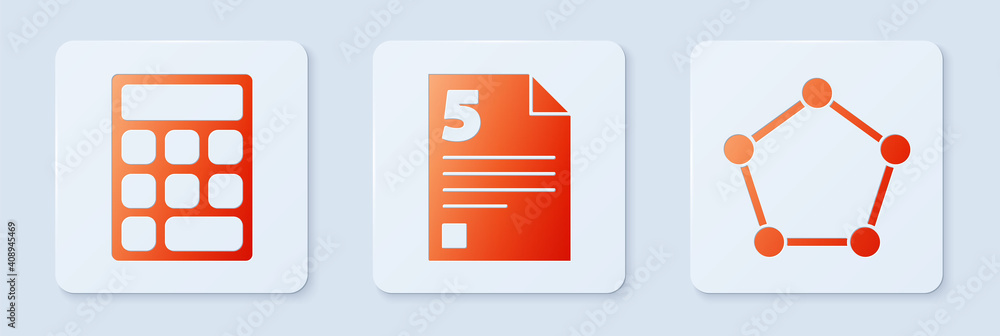 Poster set test or exam sheet, calculator and geometric figure pentagonal prism. white square button. vecto