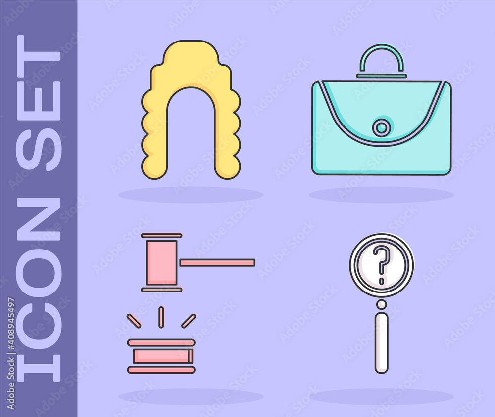 Aufkleber set magnifying glass with search, judge wig, judge gavel and briefcase icon. vector.