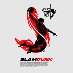 A basketball player doing slamdunk in simple shape. Sport illustration for logo or any graphic resources. 