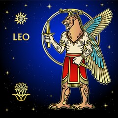 Cartoon color illustration: Zodiac sign Leo. Character of Sumerian mythology. Full growth. Background - night stars sky. Vector illustration