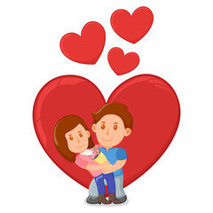 Lovely romantic couple standing hug and gift present, spring valentine day, date lover pair cartoon vector illustration, isolated on white.