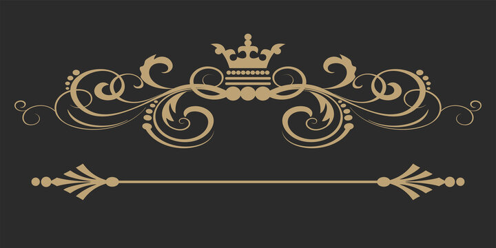 Design elements in royal style, gold on a black background. Vector graphics