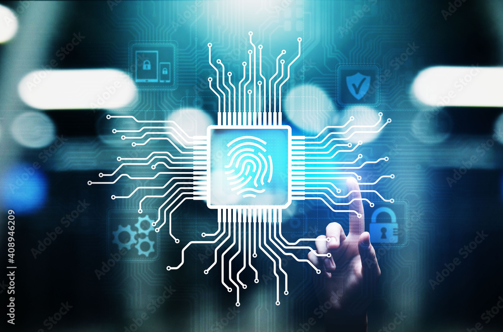 Poster fingerprint unlock cyber security data protection concept on virtual screen.