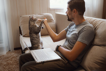 Young attractive smiling guy is browsing at his laptop