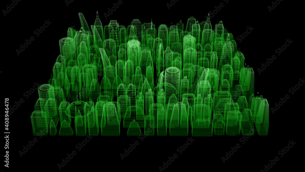 Aufkleber Futuristic digitally generated 3d holographic city with hi-light scanning and 5G communication signals for head up display and user interface design