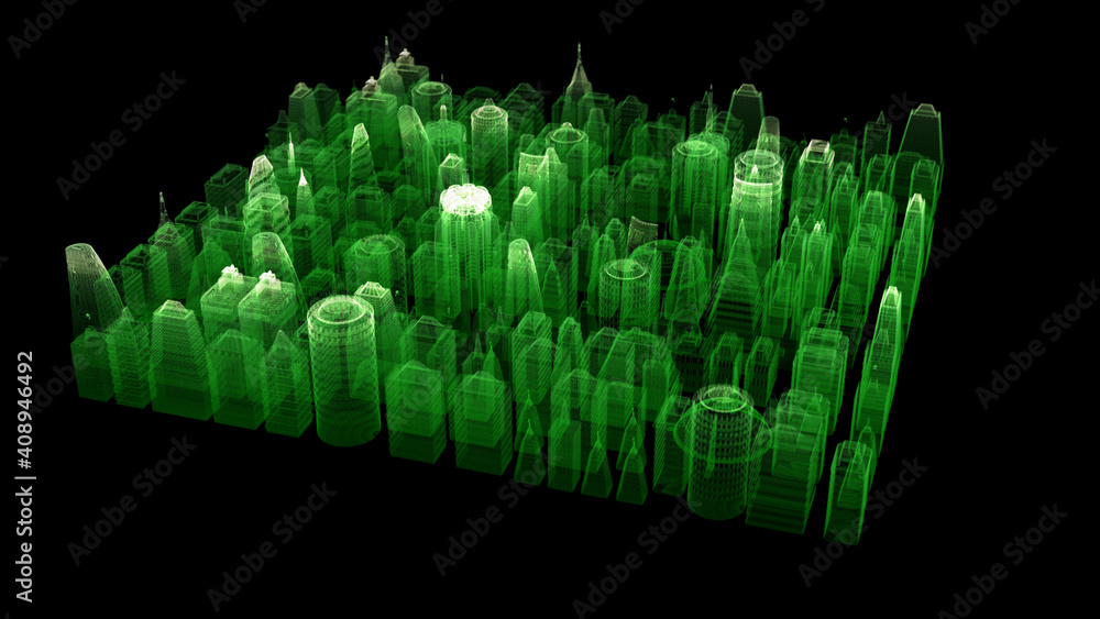 Aufkleber Futuristic digitally generated 3d holographic city with hi-light scanning and 5G communication signals for head up display and user interface design