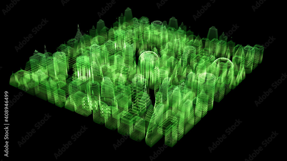 Aufkleber Futuristic digitally generated 3d holographic city with hi-light scanning and 5G communication signals for head up display and user interface design