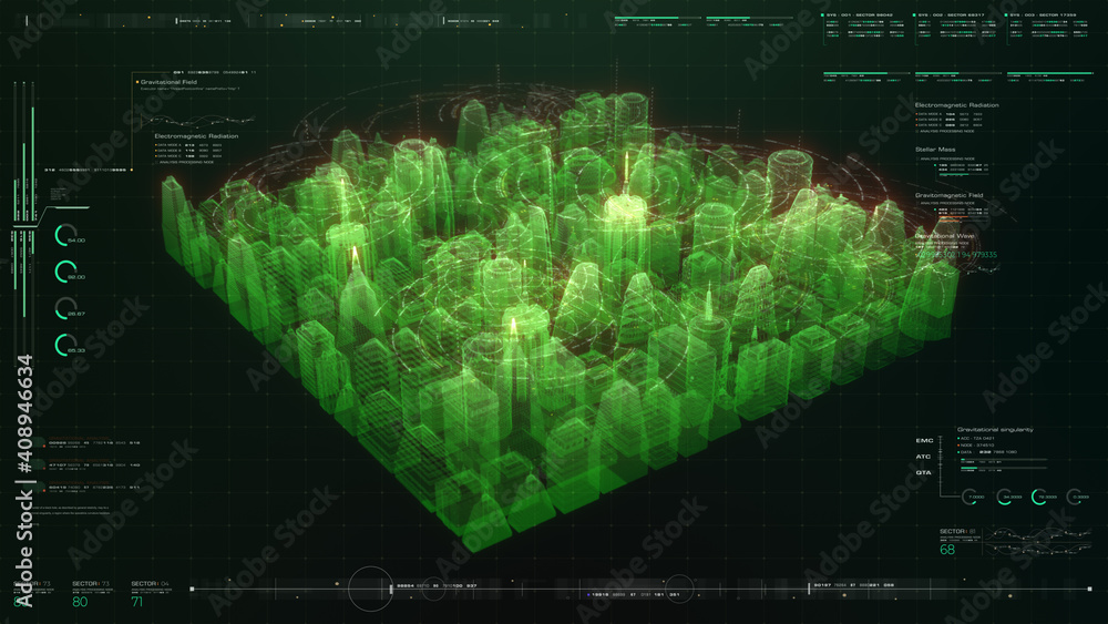 Aufkleber Futuristic digitally generated 3d holographic city with hi-light scanning and 5G communication signals for head up display and user interface design