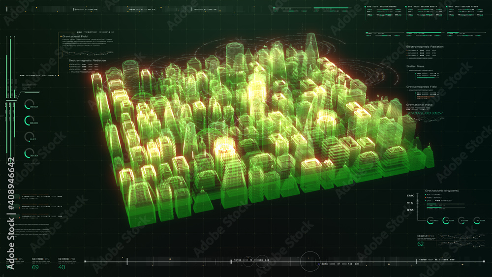 Aufkleber Futuristic digitally generated 3d holographic city with hi-light scanning and 5G communication signals for head up display and user interface design