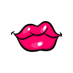Pink red woman lips in pop art style isolated on white background. Cartoon girl make up vector illustration. Sexy pop art lips sticker with. Vintage cartoon pop art of girl pink lips.