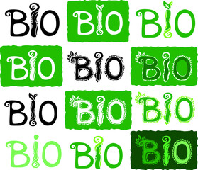Bio typography design logo. Green eco concept. Hand drawn illustration.
