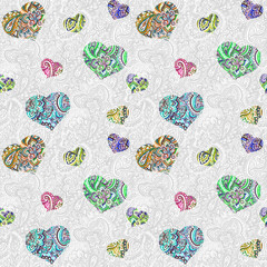 Naklejki  Seamless grey pattern with ornate hearts on ornamental background with arabian ornament