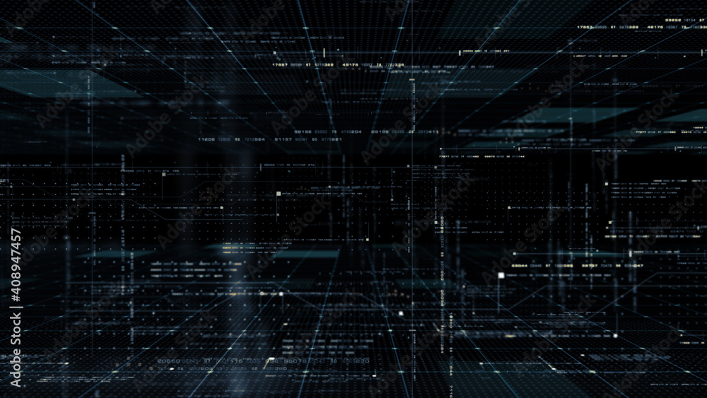 Poster Futuristic simulation of 5G network concept, artificial intelligence deep learning performing analytic computational head up display