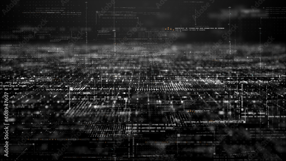 Poster Futuristic simulation of 5G network concept, artificial intelligence deep learning performing analytic computational head up display