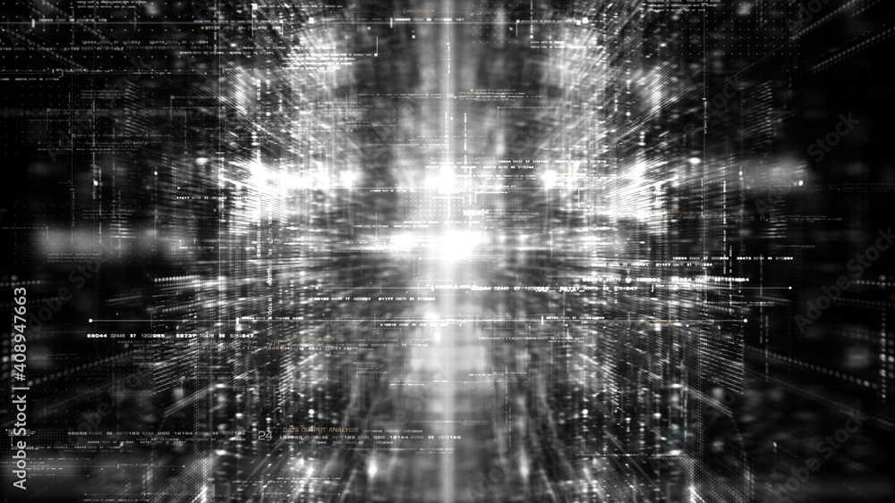 Poster Futuristic simulation of 5G network concept, artificial intelligence deep learning performing analytic computational head up display