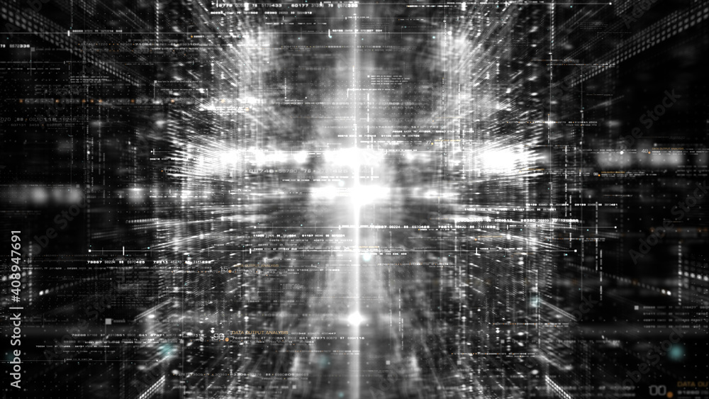 Poster Futuristic simulation of 5G network concept, artificial intelligence deep learning performing analytic computational head up display