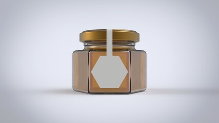 135 ml honney jar with hexagon white paper label in front plate on white solid background mockup  ready for branding 3d rendering image