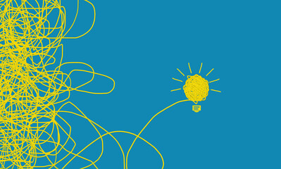 yellow tangle light bulb concept idea. blue background, conceptual ideas business, complicated to simple, hard to easy way,  founder Ideas and resolving problems   - obrazy, fototapety, plakaty