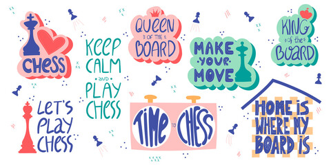Play chess hand drawn letterings set. Motivational chess slogan, inspirational quote with chess figures, chess clock, chessboard. Hobby and leisure activity concept. T shirt, sticker, poster design