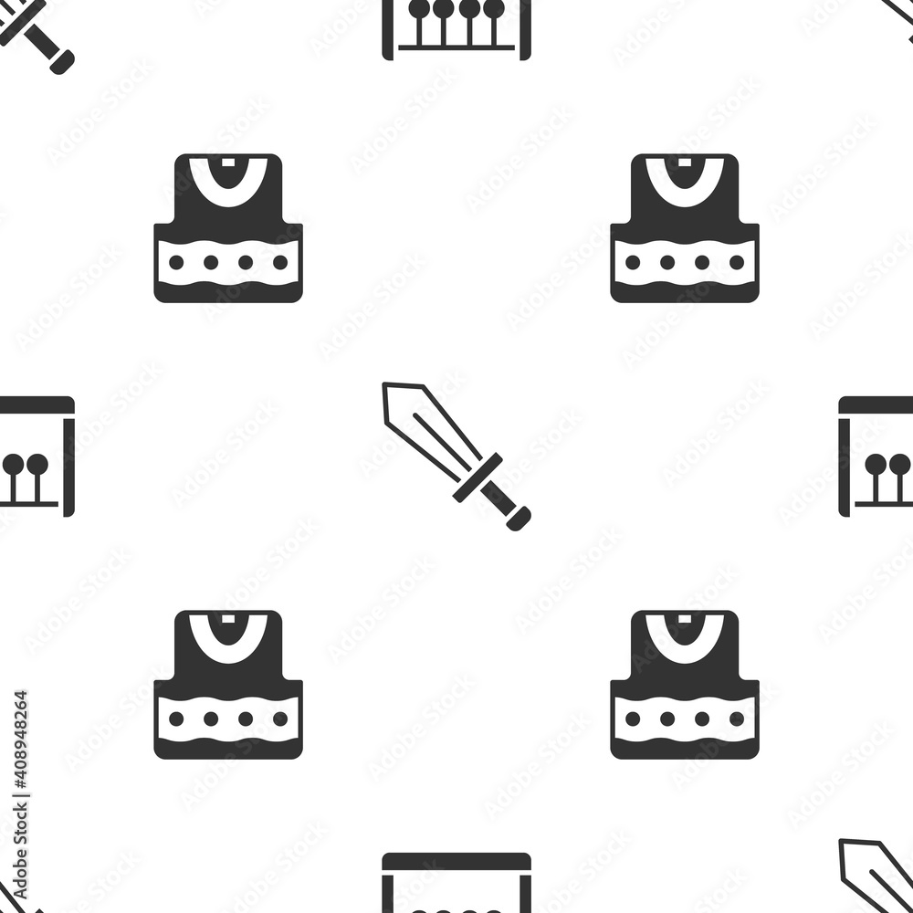 Poster set pendulum, sword for game and waistcoat on seamless pattern. vector.